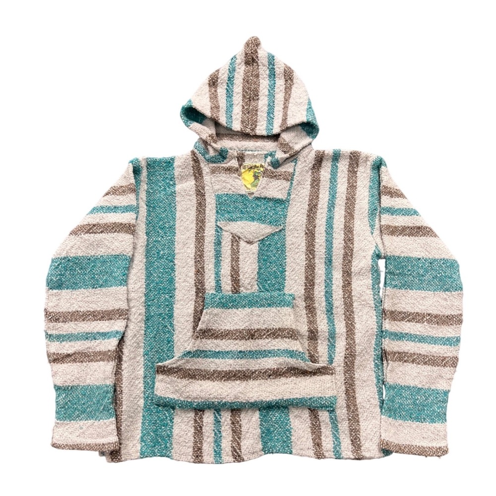 Iguana Jack Baja Hoodie Unisex Medium Teal Brown Striped Jerga Surf Pullover